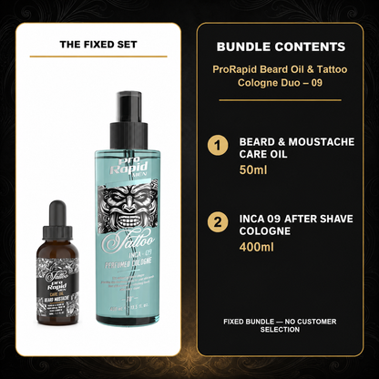 ProRapid fixed duo contents: Beard and Moustache Care Oil 50ml and INCA 09 After Shave Cologne 400ml