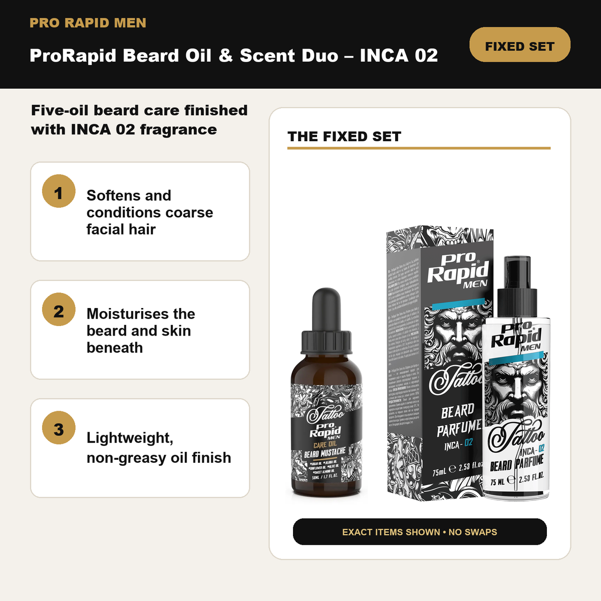 Beard oil and beard perfume included in the ProRapid INCA 02 duo