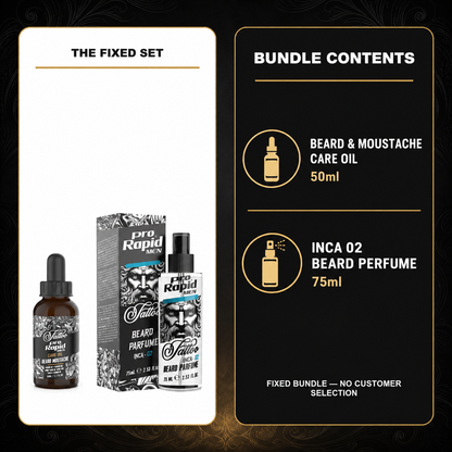ProRapid Beard Oil & Scent Duo – INCA 02 contents: 1 × ProRapid Beard & Moustache Care Oil 50ml; 1 × ProRapid Tattoo Beard Perfume 75ml – INCA 02