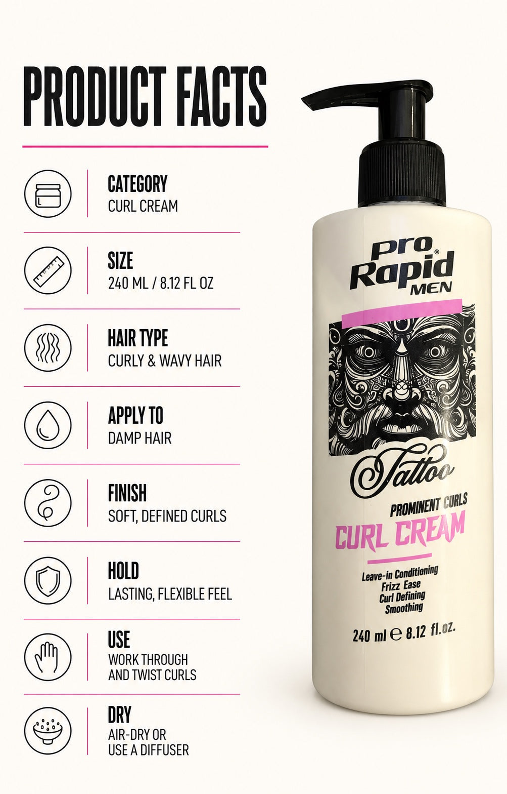 ProRapid Curl Cream 240ml product facts and directions