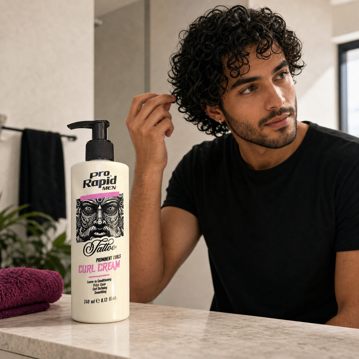 Man styling defined curls with ProRapid Curl Cream
