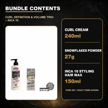ProRapid Curl Definition & Volume Trio – INCA 10 contents: 1 × ProRapid Curl Cream 240ml; 1 × ProRapid Snowflakes Powder 27g; 1 × ProRapid INCA Styling Hair Wax 150ml – INCA 10