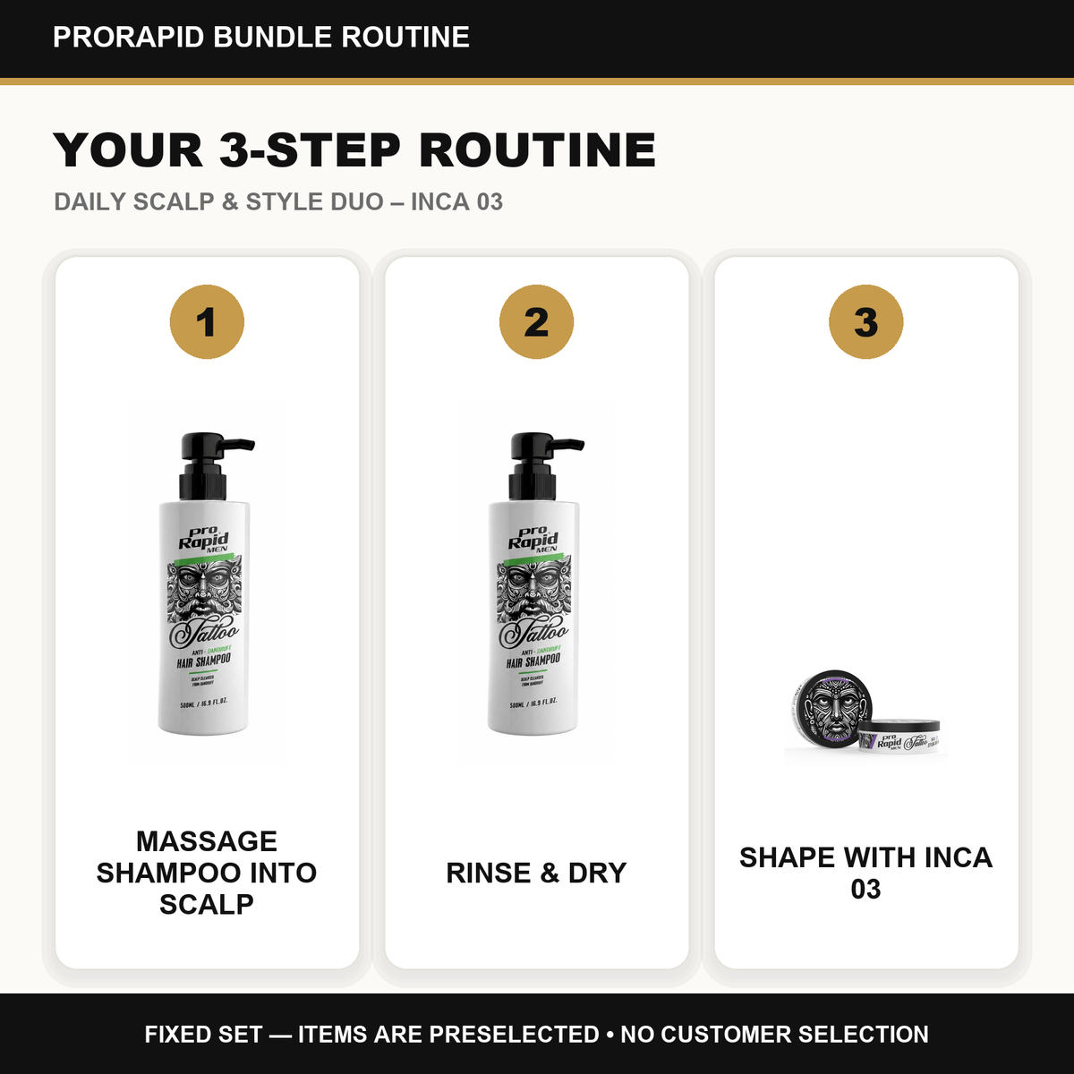 Four-step ProRapid shampoo and INCA 03 wax grooming routine