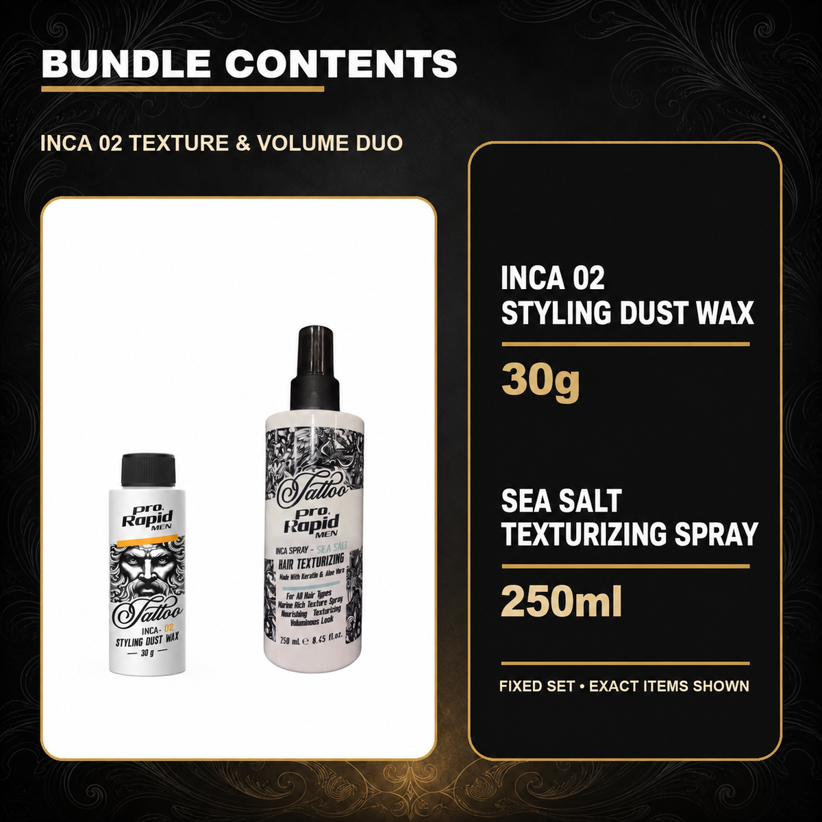 ProRapid INCA 02 Texture & Volume Duo contents: 1 × ProRapid INCA Styling Dust Wax 30g – INCA 02; 1 × ProRapid Sea Salt Texturizing Spray 250ml