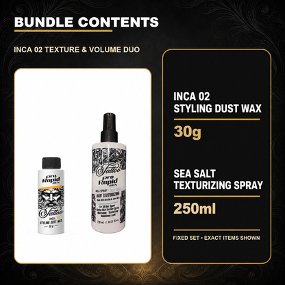ProRapid INCA 02 Texture & Volume Duo contents: 1 × ProRapid INCA Styling Dust Wax 30g – INCA 02; 1 × ProRapid Sea Salt Texturizing Spray 250ml