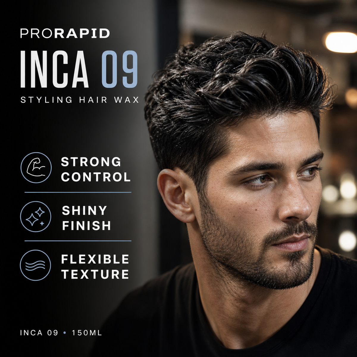 ProRapid INCA 09 shine styling wax benefits on styled men's hair