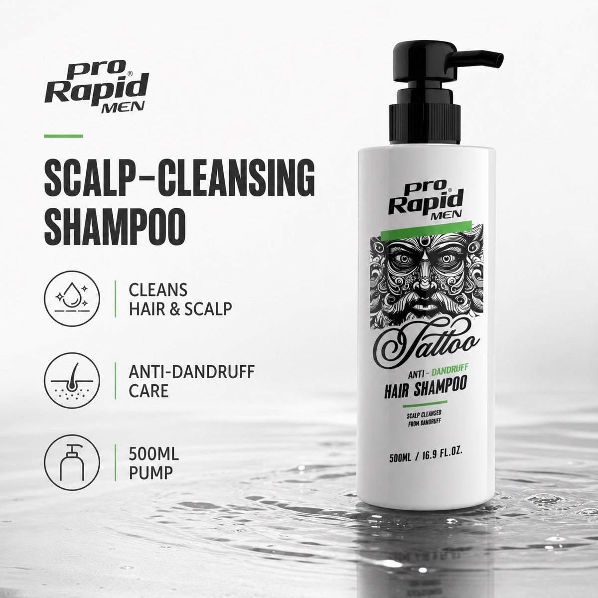 ProRapid Men Anti-Dandruff Shampoo 500ml benefits graphic