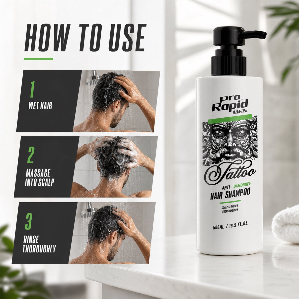 ProRapid Men Anti-Dandruff Shampoo application directions graphic