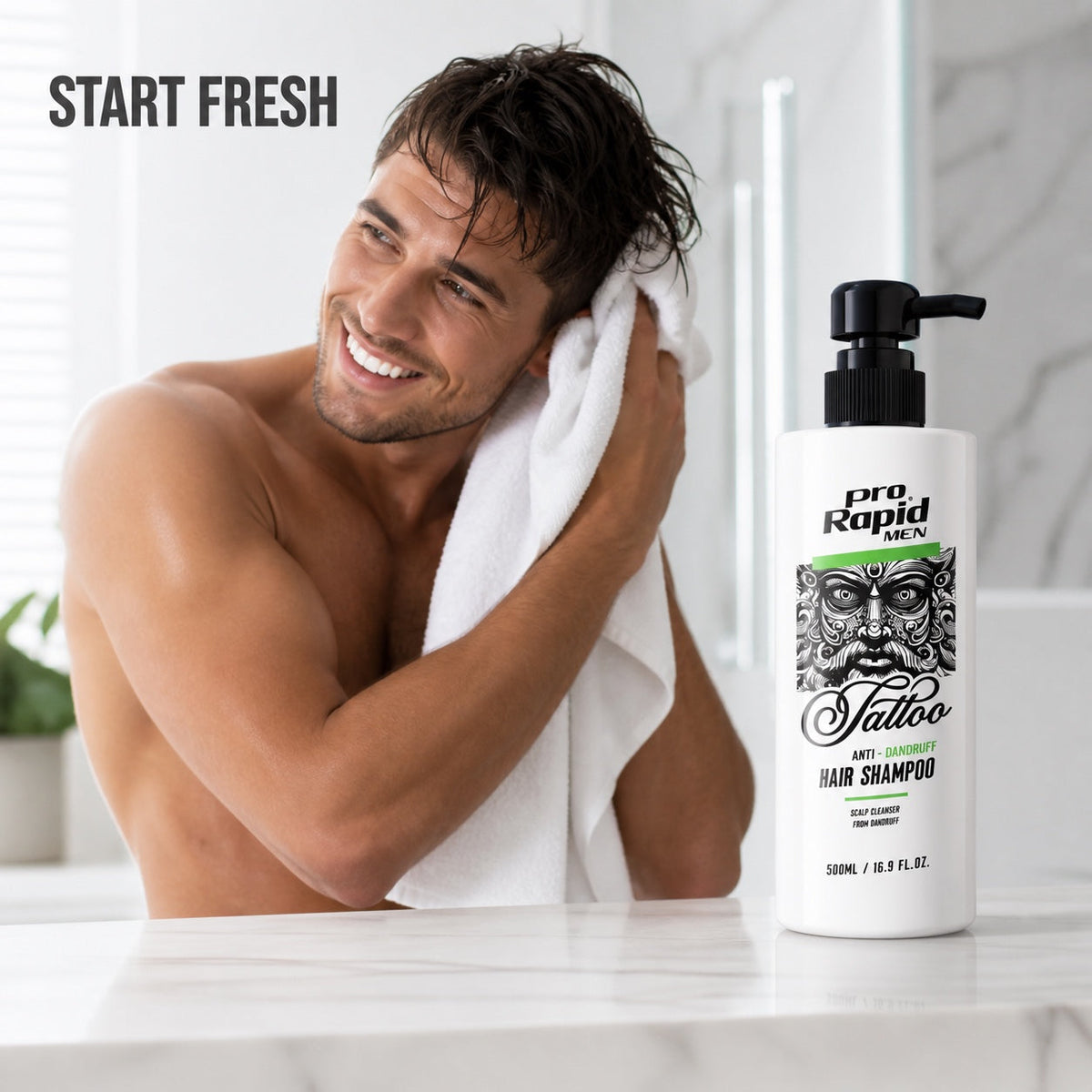 ProRapid Men Anti-Dandruff Shampoo shown in a grooming setting
