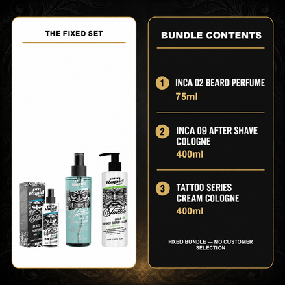 ProRapid Tattoo Fragrance Trio – INCA 02 & Cologne 09 contents: 1 × ProRapid Tattoo Beard Perfume 75ml – INCA 02; 1 × ProRapid INCA Tattoo After Shave Cologne 400ml – 09; 1 × ProRapid Tattoo Series Cream Cologne 400ml