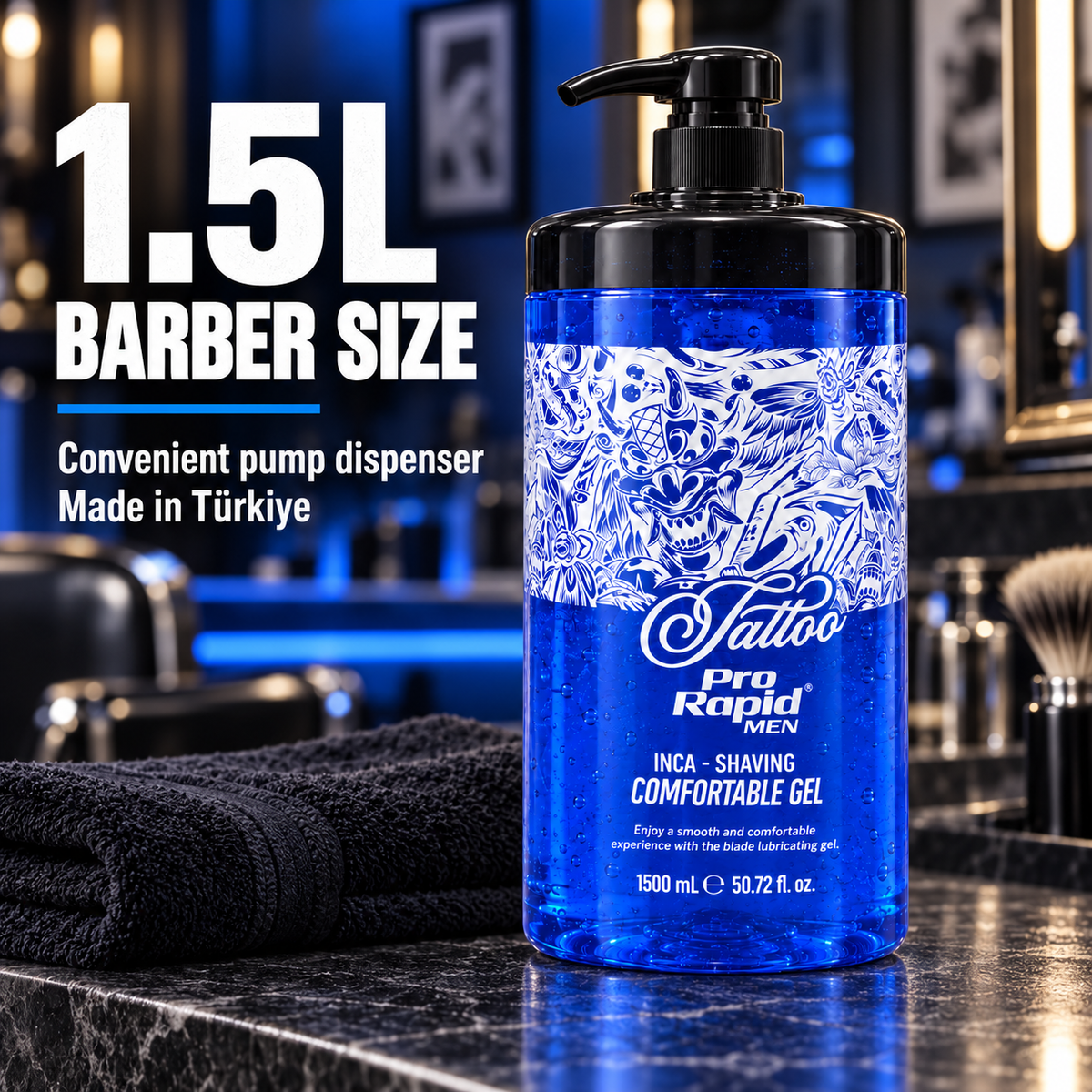 ProRapid Tattoo INCA blue shaving gel 1.5L barber-size pump bottle