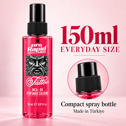 ProRapid INCA 04 Tattoo Perfumed Cologne 150ml 150ml bottle and spray detail