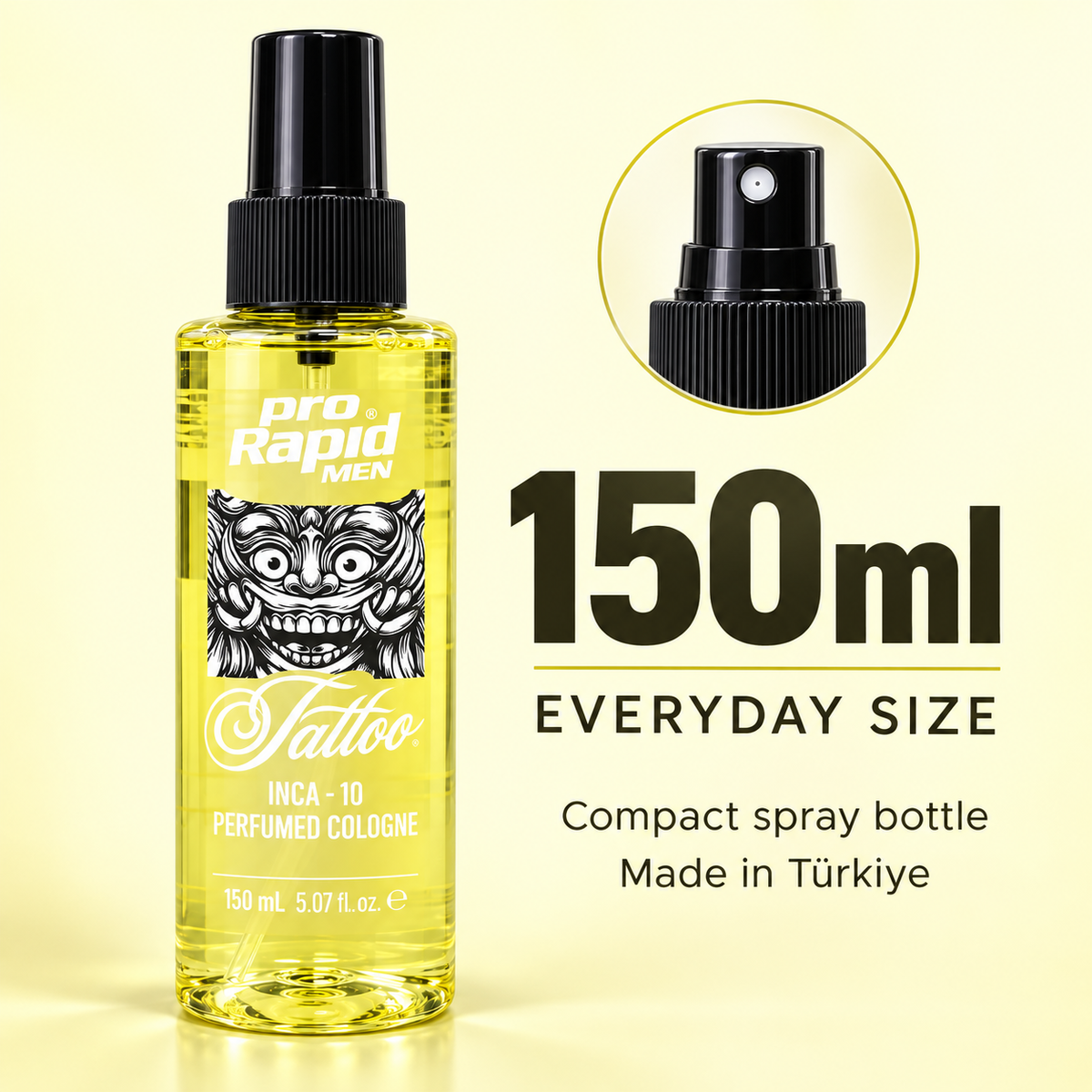 ProRapid INCA 10 Tattoo Perfumed Cologne compact 150ml bottle and spray detail