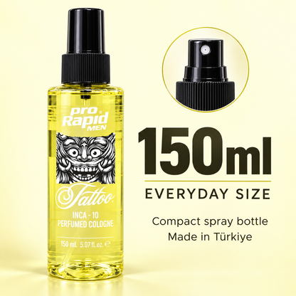 ProRapid INCA 10 Tattoo Perfumed Cologne compact 150ml bottle and spray detail